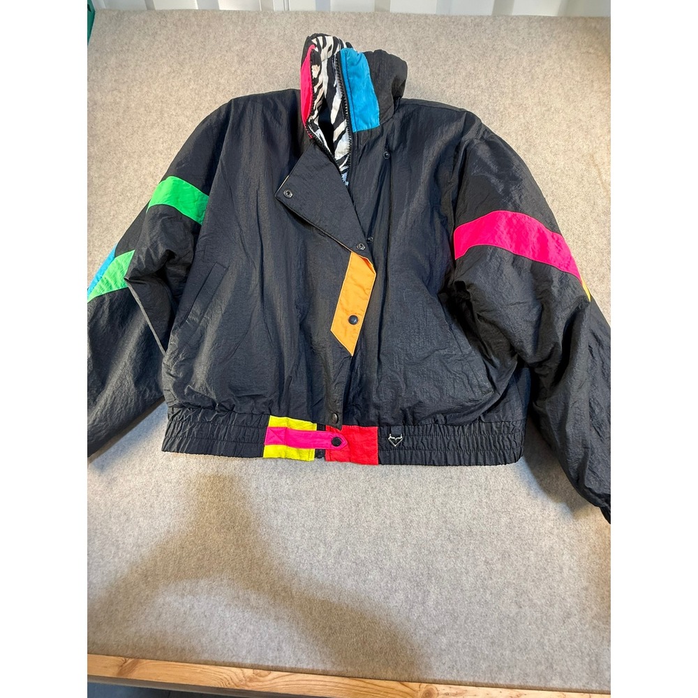 Vintage Obermeyer Ski Jacket Neon Colorblock Zebra Print Retro 80s 90s Womens 14